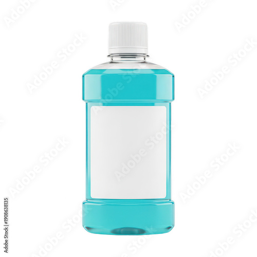A clear bottle of blue mouthwash standing upright against a white background isolated on transparent background