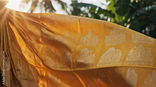 Golden Saree Fabric Drapery Flowing Sunlit Tropical Foliage Background Gentle Breeze Golden Hour Warm Light Reflective Sheen Intricate Weave Pattern Close Up Detailed Texture
