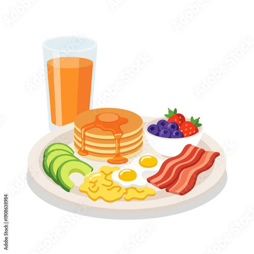 Delicious breakfast plate with pancakes, bacon, eggs, avocado, berries, and orange juice