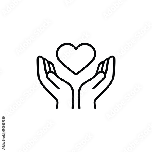 Caring hands holding heart outline black and white human interaction vector icon for love support charity and social care