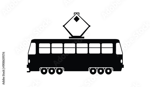 Black silhouette of a modern city tram or trolleybus with overhead wires on isolated for urban transit concepts