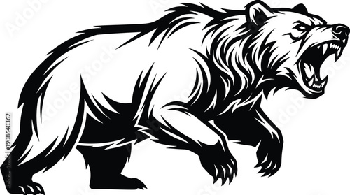 Roaring bear illustration in bold black and white style, fierce wildlife mascot artwork isolated on white for logos, tattoos, apparel, branding and graphic design