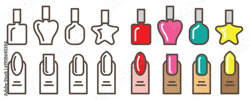 Nail polish icon set in linear or solid color styles, isolated on transparent background with editable strokes. Includes fingers with painted nails, sample polish color icons for beauty design themes.