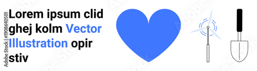 Eco-friendly living, gardening, sustainability, design elements, emotional health, lifestyle. Blue heart with gardening spade and dandelion illustration alongside abstract text. Gardening