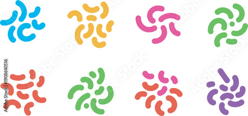 Set of abstract colorful curved shapes forming clusters on a white background