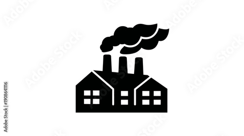 Industrial factory building icon with smoke from chimneys, symbolizing manufacturing, production, and environmental air pollution
