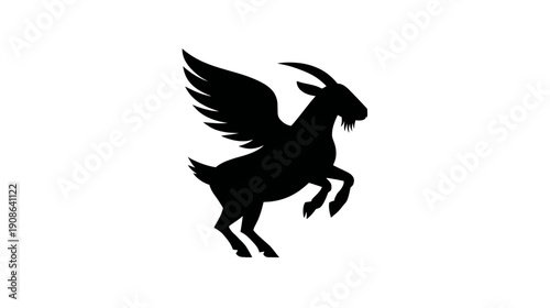 Dynamic black silhouette of a winged goat rearing, mythical fantasy animal symbol illustration on white background.