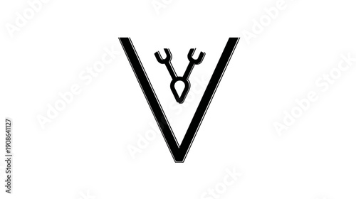 Abstract minimalist inverted triangle graphic with a stylized industrial symbol or deer antlers icon, modern vector design.