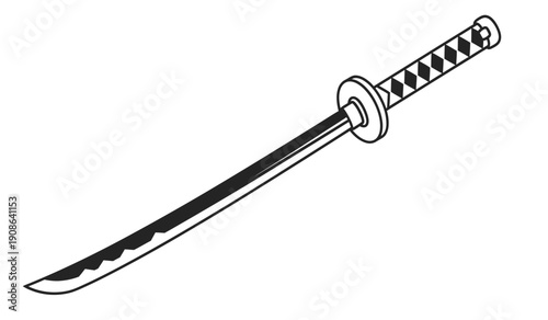 A black and white illustration of a katana sword with a checkered handle