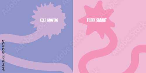 A stylized illustration of two contrasting virus cells on divided purple and pink background