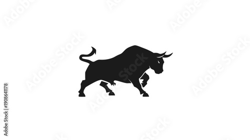Black silhouette of a powerful charging bull, symbolizing strength, aggression, and determination. Dynamic animal icon.