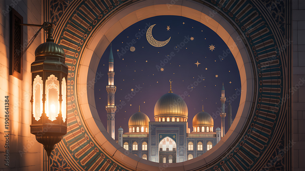 Fototapeta premium Night sky with lanterns and architectural silhouettes