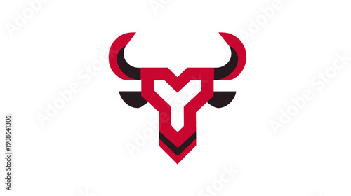 Modern geometric red and black bull head logo icon, abstract powerful bovine symbol design, minimalist stylized animal graphic illustration.