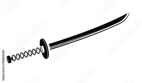 A black and white illustration of a japanese katana sword with a wrapped handle and curved blade