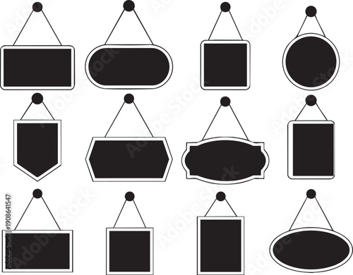 Diverse Sign Silhouette Collection: A visually intriguing compilation of hanging sign silhouettes, each boasting a distinct shape and design, is perfect for versatile visual applications.