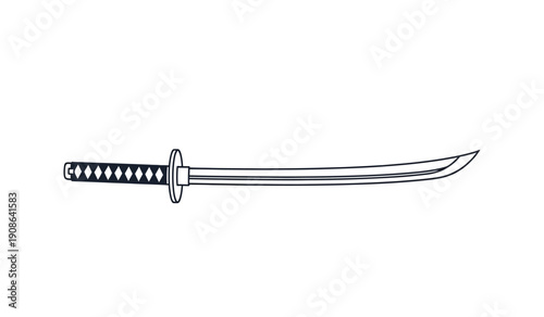 A black and white drawing of a japanese sword with a curved blade and wrapped handle