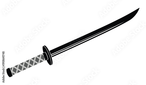 A black katana sword with a white and gray handle