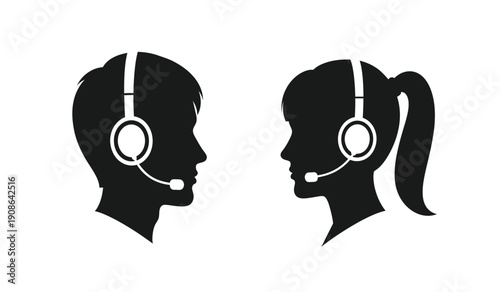 Silhouette of a man and woman wearing headsets for customer support or communication