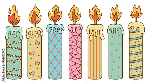 Color groovy retro long candles with abstract geometric patterns. Different decorative high candles with melted wax and flame. Colorful vintage clipart vector set