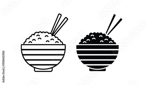 Black and white illustration of two bowls of rice with chopsticks on a pure