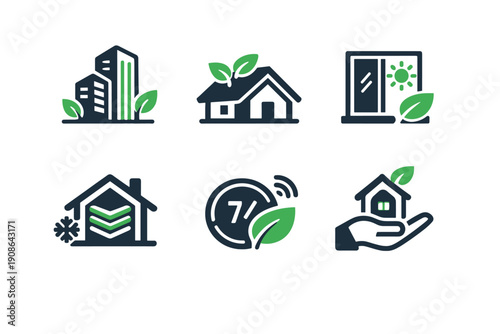 Clean skyscraper generation efficient text simple white green house eco image icon