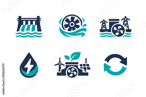 Clean hydro flow labels turbine simple vector dam station image icon no