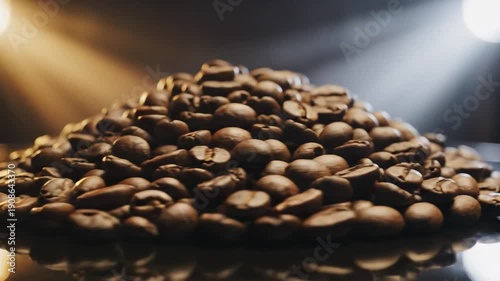 A heap of roasted coffee beans under dramatic light, perfect for ads and menus.
