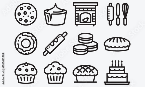 Bakery icon Containing cookie, pudding, oven, baking tools, doughnut, bread, macaroon, muffin, pie, birthday cake and more. Editable line icons.