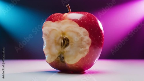 A single red apple, with a bite taken out, dramatically lit by blue and orange spotlights.