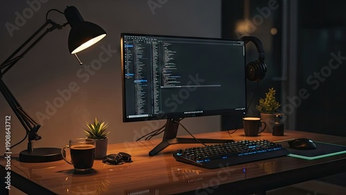 Late night coding session with computer and coffee on modern desk