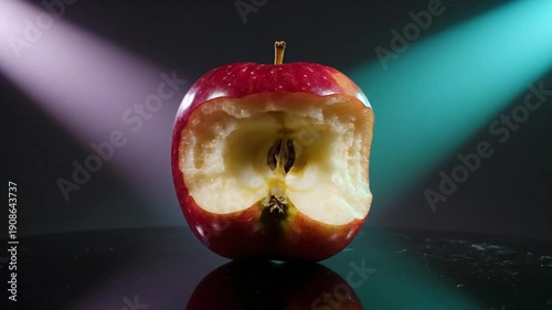Red apple with a bite taken out, on a reflective surface with colored lights.
