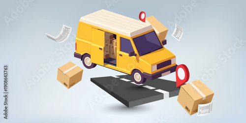3D isometric delivery van logistics concept with parcel boxes, location pin and receipt documents, fast shipping, courier service, ecommerce and online order transportation