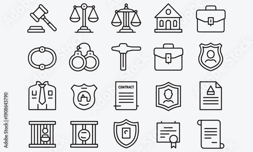 Court icon  Law related line icons lawyer, judge, justice, criminal, prison, contract, police, certificate, security and more. Editable stroke.