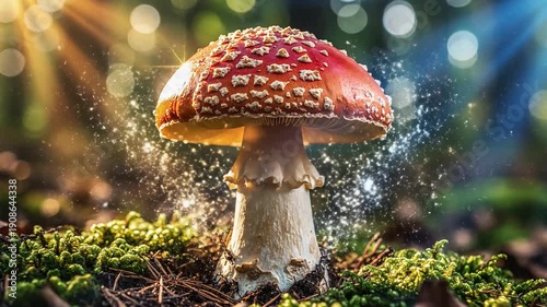 A striking red and white mushroom, glowing with golden light in a lush forest.