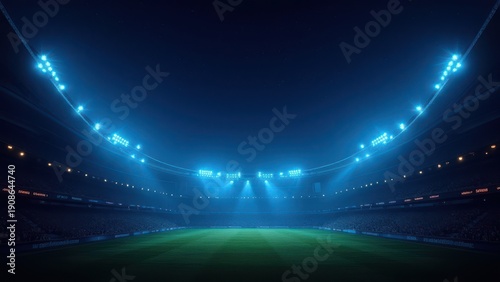 beautiful sports stadium shining with blue spotlights at night under starry sky dramatic arena scene with open free space for design and text