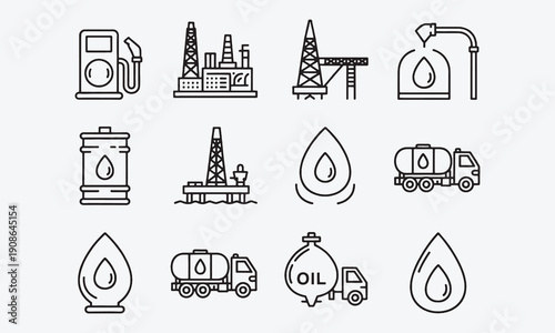 Oil and Gas icon  Containing fuel, industry, refinery, petroleum, oil well, gas pump, offshore platform, oil barrel, tanker truck and more