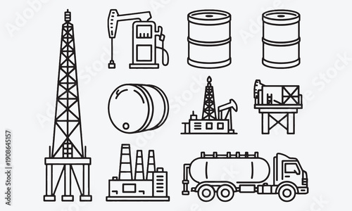 Oil and Gas icon  Containing fuel, industry, refinery, petroleum, oil well, gas pump, offshore platform, oil barrel, tanker truck and more