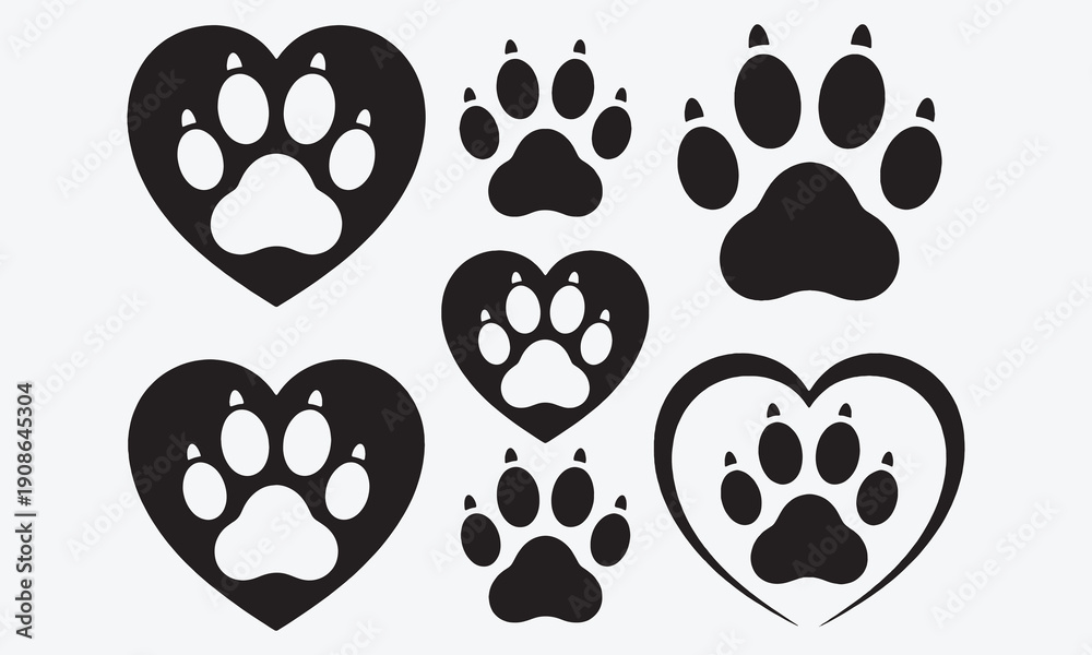 Fototapeta premium Pet paw icon Heart with dog, cat pet footprint. Paw print sign and symbol. Transparent png and vector illustration1