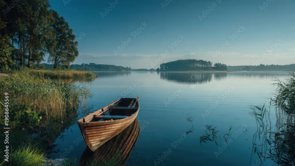 Obraz premium Wooden Boat on Calm Lake at Sunrise