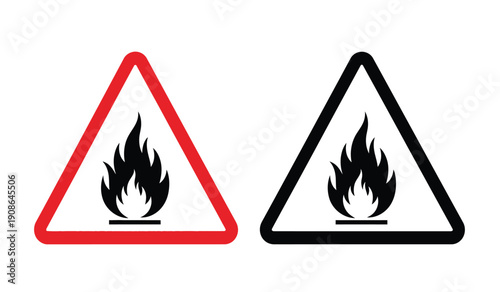Warning signs with flame symbols in red and black
