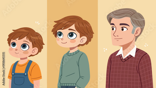 Male aging progression: Three stages of a boy growing up from childhood to adulthood, symbolizing growth and time passing