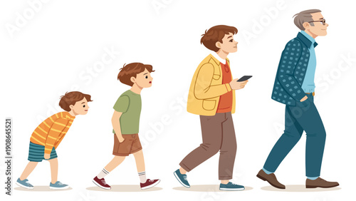 Human evolution concept: Stylized figures of a boy transforming into a man and then an older gentleman, showing life's journey
