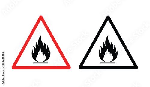 Warning signs of fire and flame icons in triangle shapes for safety and hazard alert symbols
