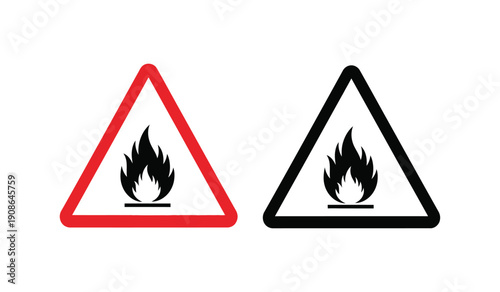 Warning signs with flame icons in red and black triangular shapes for fire hazard or danger alert