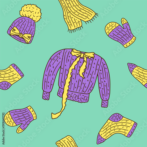 Cozy chunky knitwear seamless pattern. Hand drawn knitted clothes repeat background