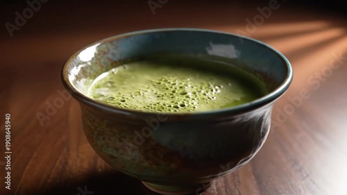Vibrant green matcha tea in a textured ceramic bowl, on a wooden table, with beautiful light.