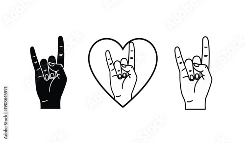 Three hands making rock on sign with fingers in black and white