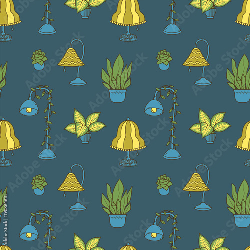 Cozy lamps and houseplants seamless pattern. Hand drawn home lighting repeat background