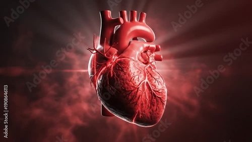Detailed anatomical 3D model of a human heart, illuminated with a radiant glow.