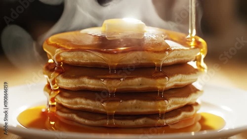 A close-up of golden pancakes topped with pouring maple syrup and butter.
